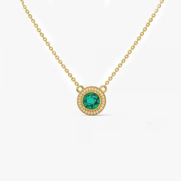 Emerald and diamond round pendant necklace