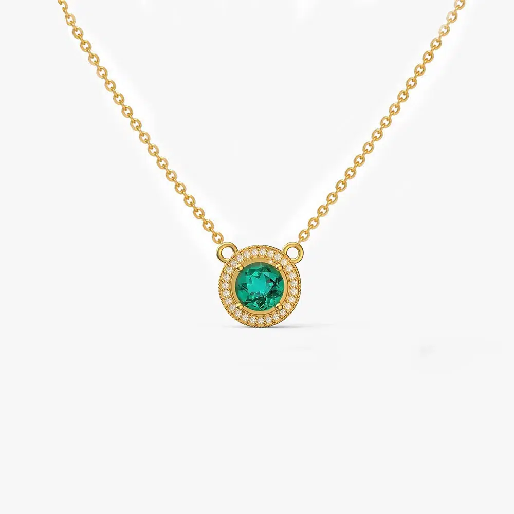 Emerald and diamond round pendant necklace
