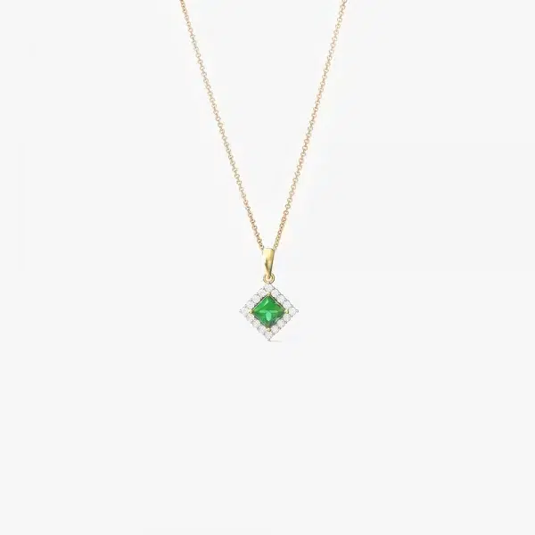 Rhombus emerald and diamond pendant necklace