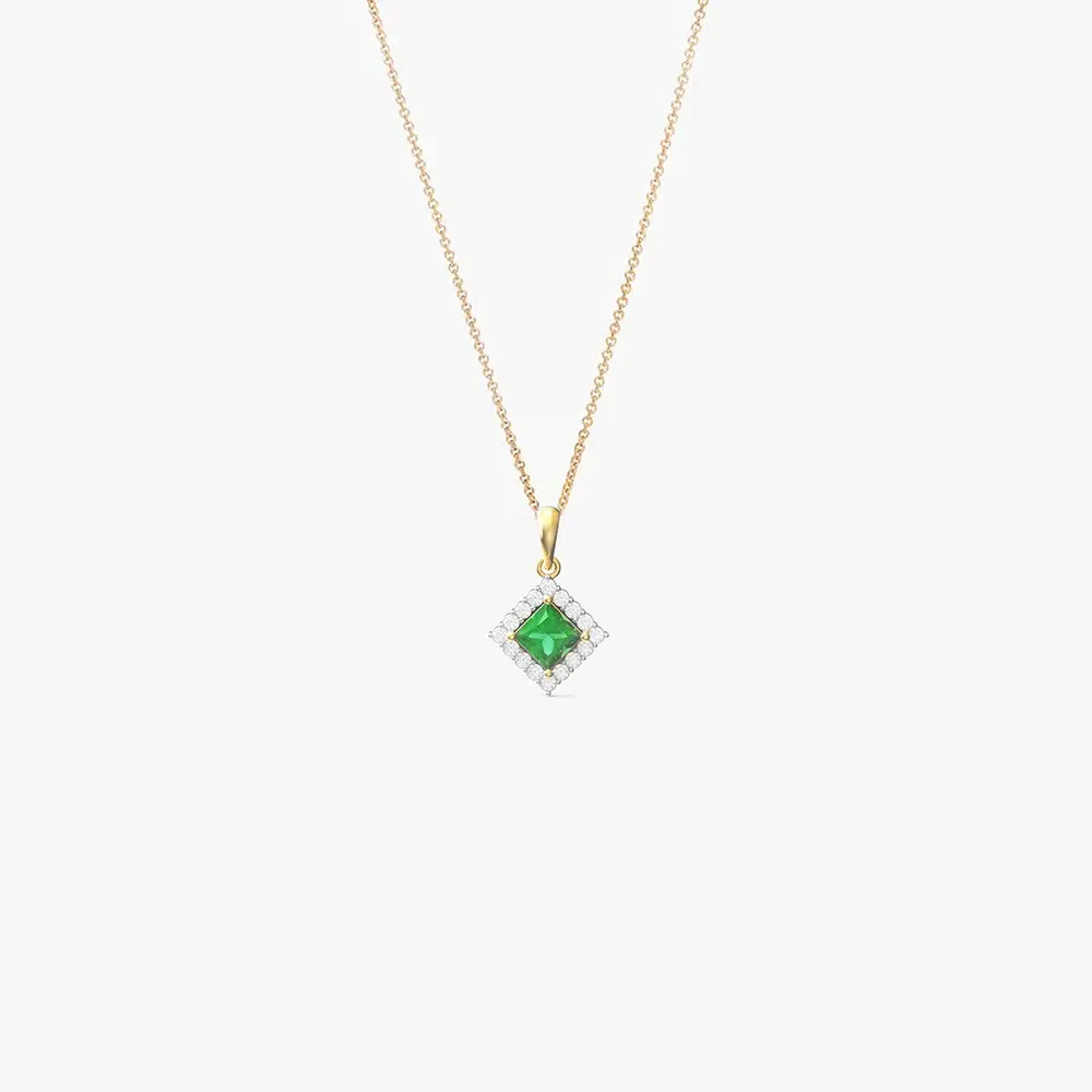 Rhombus emerald and diamond pendant necklace